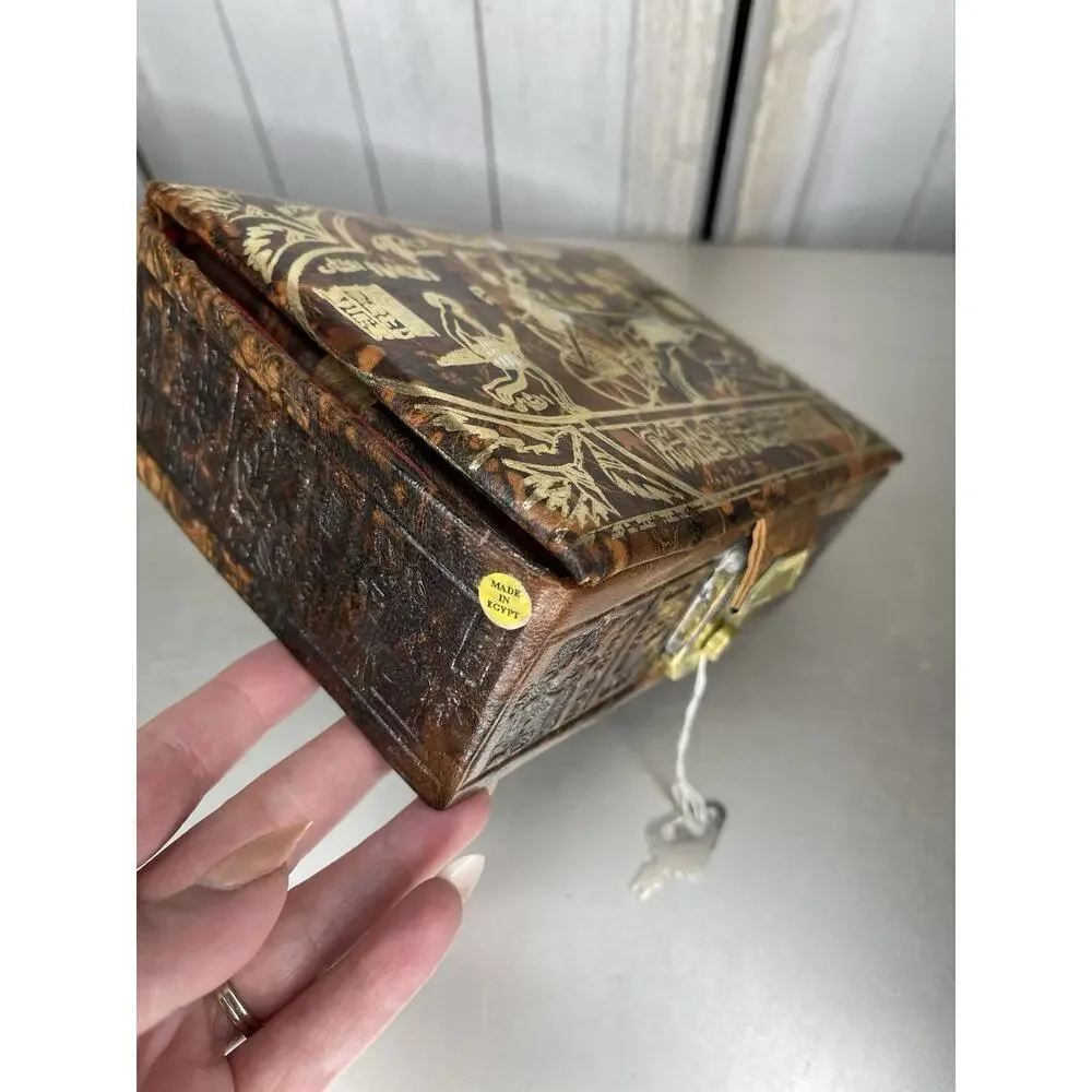 VTG Egyptian Camel Leather Lock Jewelry Box Osiris King Tut Hieroglyphic Gold